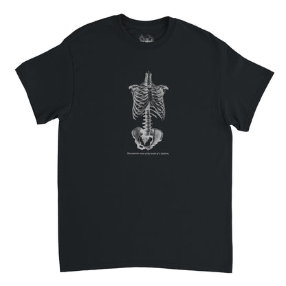 Torso and Human Skeleton Anatomy T-shirt - Cheselden (Black). White t-shirt with a black and white front illustration of the torso of a human skeleton.