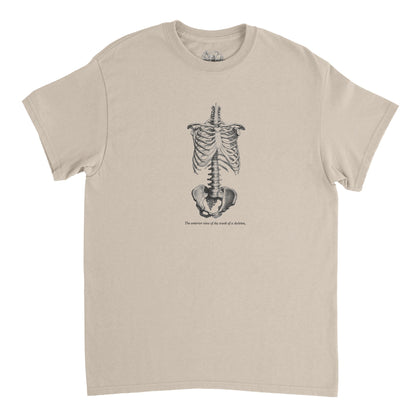 Torso and Human Skeleton Anatomy T-shirt - Cheselden (Sand). White t-shirt with a black and white front illustration of the torso of a human skeleton.