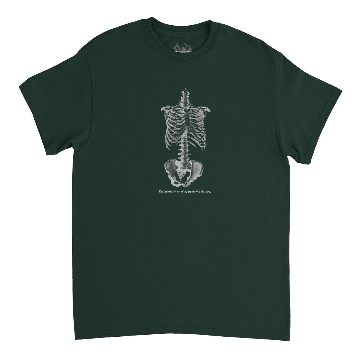 Torso and Human Skeleton Anatomy T-shirt - Cheselden (Forest Green). White t-shirt with a black and white front illustration of the torso of a human skeleton.