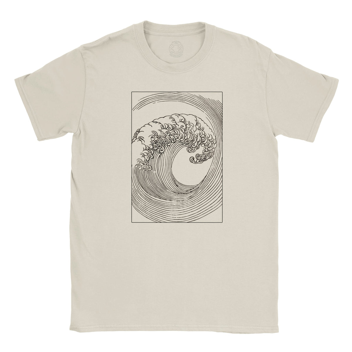 T-Shirt mit japanischer Welle nach Mori Yūzan (Naturel). Violetter T-Shirt mit einer japanischen Illustration einer stilisierten brechenden Welle, weiß auf dunklem Hintergrund gezeichnet, aus Mori Yūzans Hamonshū.