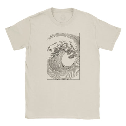 T-Shirt mit japanischer Welle nach Mori Yūzan (Naturel). Violetter T-Shirt mit einer japanischen Illustration einer stilisierten brechenden Welle, weiß auf dunklem Hintergrund gezeichnet, aus Mori Yūzans Hamonshū.