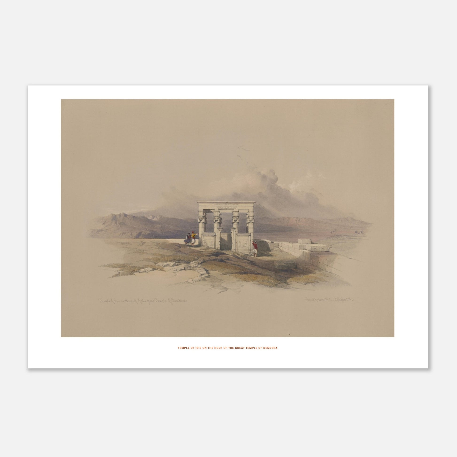 Planche ancienne du Temple d'Isis sur le temple de Dendérah - David Roberts (21x29,7 cm (A4)). Lithographie ancienne représentant une vue architecturale du temple d'Isis sur le toit du grand temple de Dendérah, avec des personnages et des montagnes en arrière-plan.