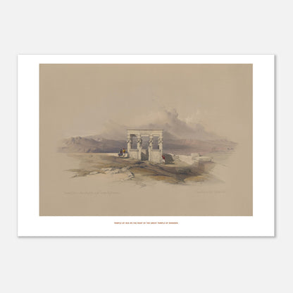 Planche ancienne du Temple d'Isis sur le temple de Dendérah - David Roberts (21x29,7 cm (A4)). Lithographie ancienne représentant une vue architecturale du temple d'Isis sur le toit du grand temple de Dendérah, avec des personnages et des montagnes en arrière-plan.
