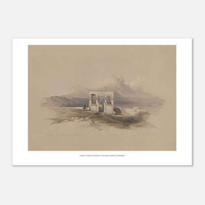 Planche ancienne du Temple d'Isis sur le temple de Dendérah - David Roberts (29,7x42 cm (A3)). Lithographie ancienne représentant une vue architecturale du temple d'Isis sur le toit du grand temple de Dendérah, avec des personnages et des montagnes en arrière-plan.