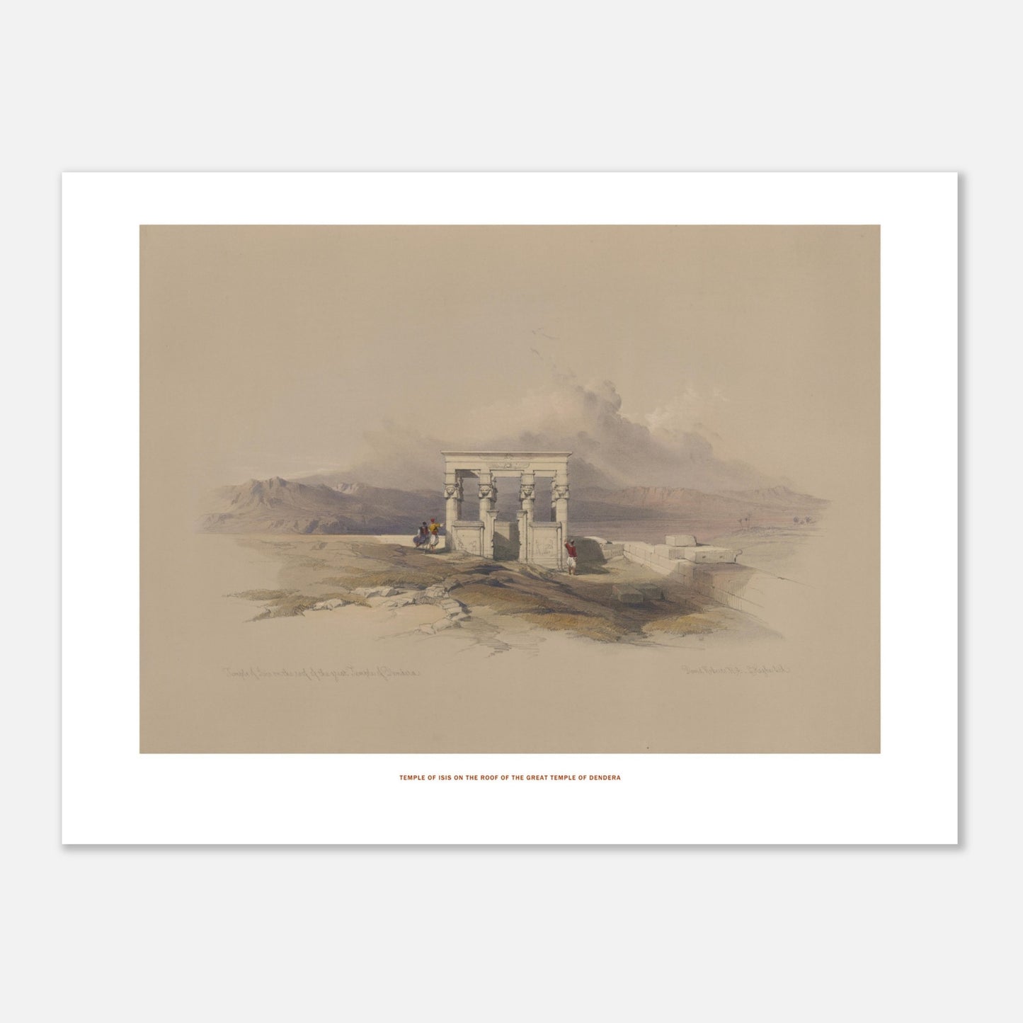 Planche ancienne du Temple d'Isis sur le temple de Dendérah - David Roberts (30x40 cm). Lithographie ancienne représentant une vue architecturale du temple d'Isis sur le toit du grand temple de Dendérah, avec des personnages et des montagnes en arrière-plan.