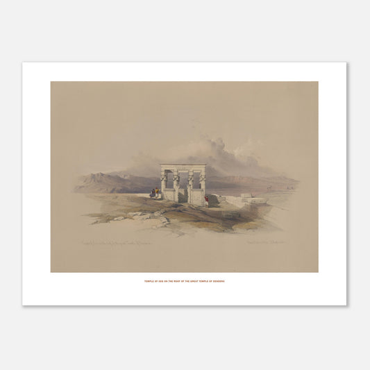 Planche ancienne du Temple d'Isis sur le temple de Dendérah - David Roberts (30x40 cm). Lithographie ancienne représentant une vue architecturale du temple d'Isis sur le toit du grand temple de Dendérah, avec des personnages et des montagnes en arrière-plan.
