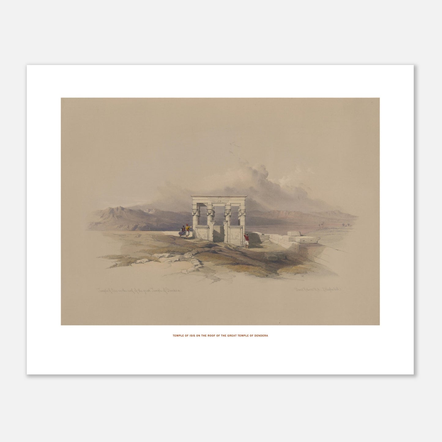 Planche ancienne du Temple d'Isis sur le temple de Dendérah - David Roberts (40x50 cm). Lithographie ancienne représentant une vue architecturale du temple d'Isis sur le toit du grand temple de Dendérah, avec des personnages et des montagnes en arrière-plan.