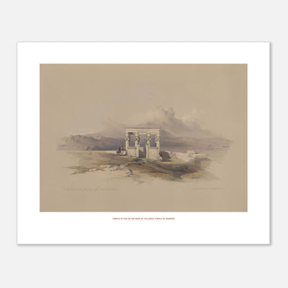 Planche ancienne du Temple d'Isis sur le temple de Dendérah - David Roberts (40x50 cm). Lithographie ancienne représentant une vue architecturale du temple d'Isis sur le toit du grand temple de Dendérah, avec des personnages et des montagnes en arrière-plan.