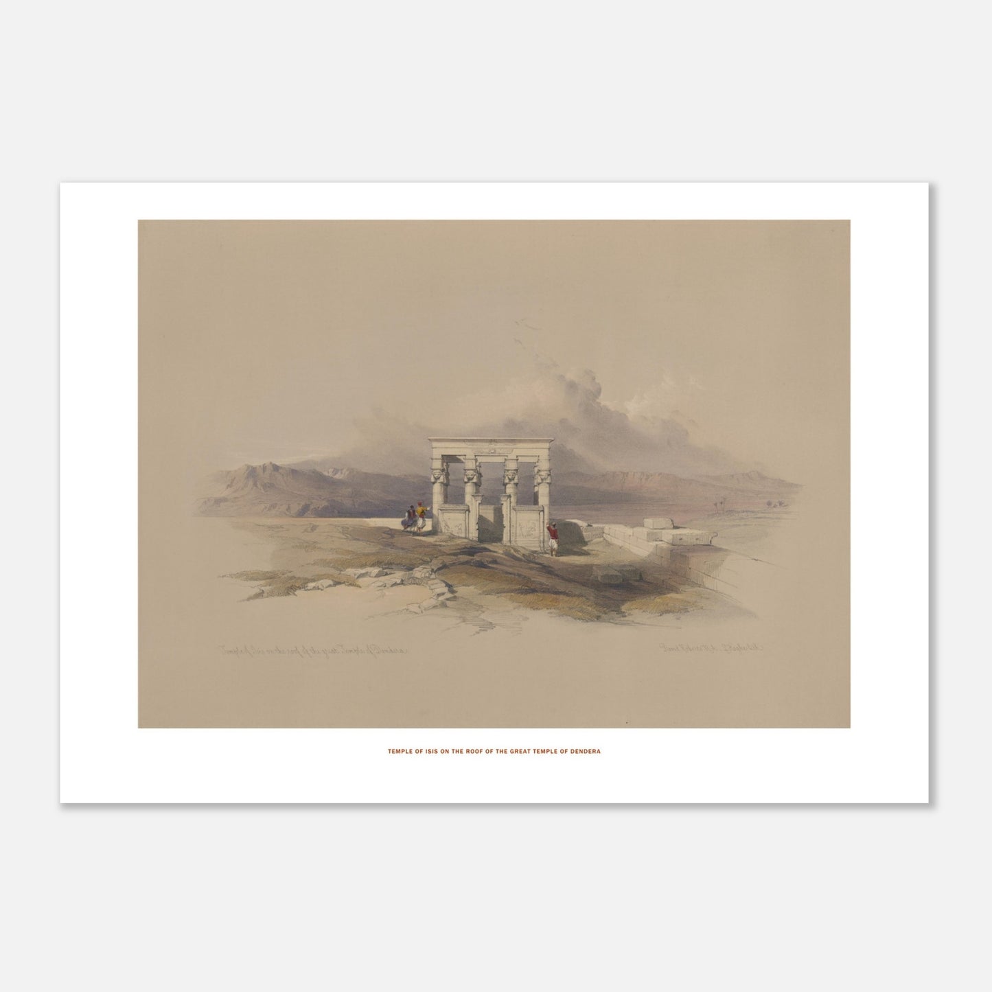 Planche ancienne du Temple d'Isis sur le temple de Dendérah - David Roberts (50x70 cm). Lithographie ancienne représentant une vue architecturale du temple d'Isis sur le toit du grand temple de Dendérah, avec des personnages et des montagnes en arrière-plan.