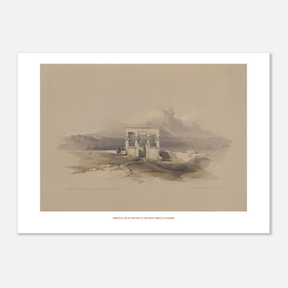 Planche ancienne du Temple d'Isis sur le temple de Dendérah - David Roberts (50x70 cm). Lithographie ancienne représentant une vue architecturale du temple d'Isis sur le toit du grand temple de Dendérah, avec des personnages et des montagnes en arrière-plan.