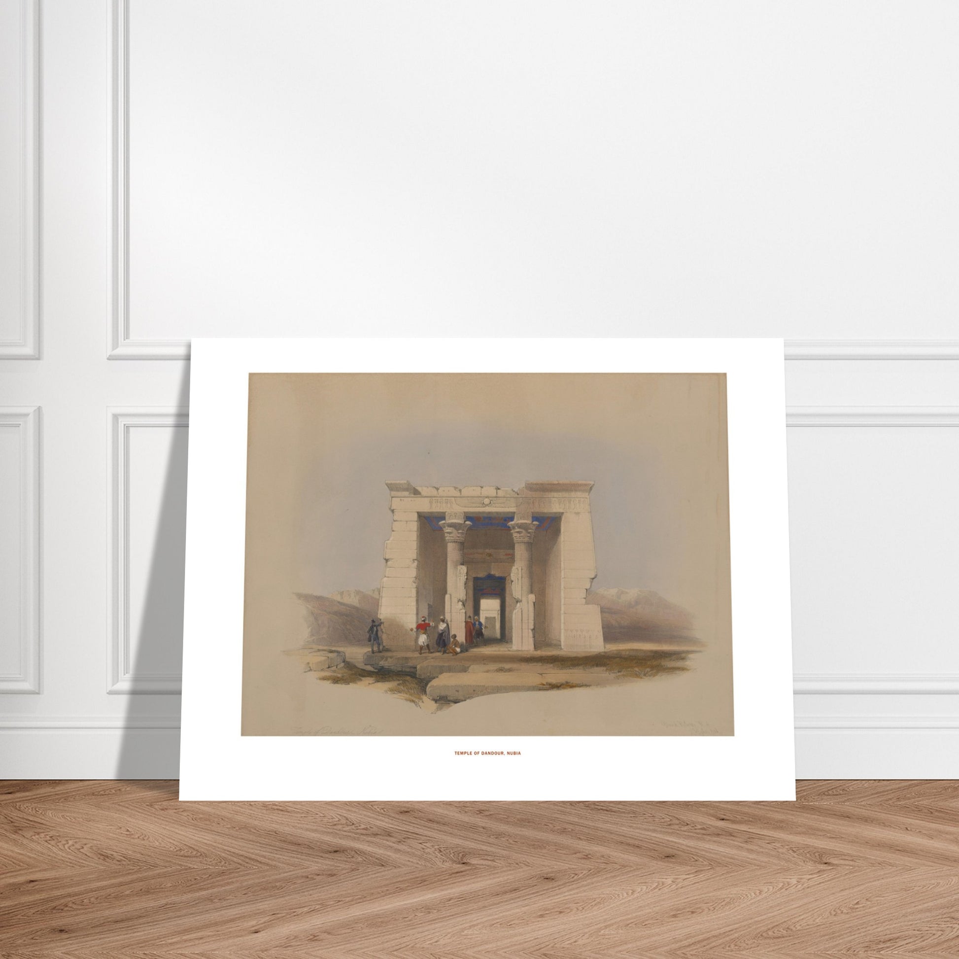 Temple de Dandour, Nubie - Planche ancienne de David Roberts. Lithographie ancienne représentant le temple de Dandour en Nubie, avec une façade ornée de colonnes imposantes, et des figures humaines devant. Image d'illustration 6