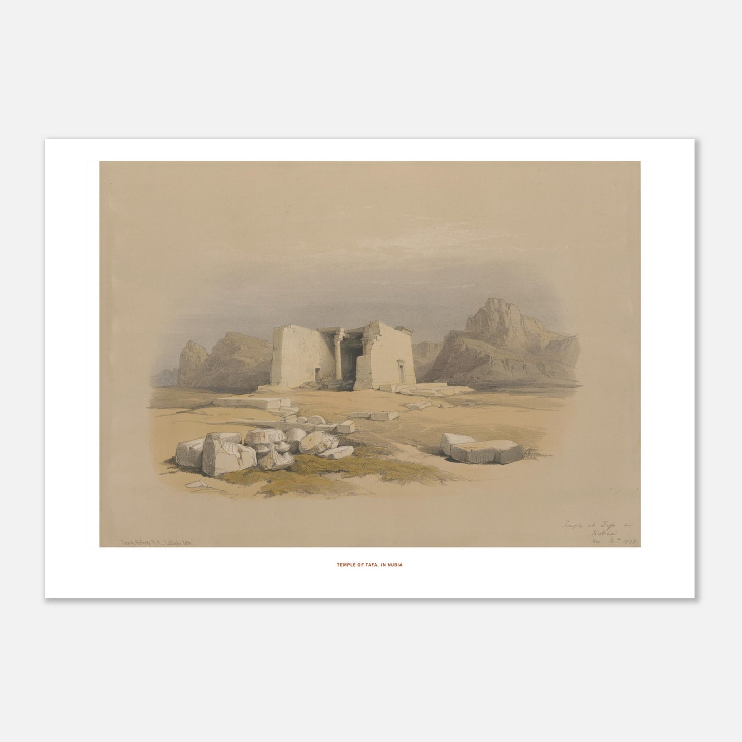 Illustration du Temple de Tafa en Nubie - David Roberts (21x29,7 cm (A4)). Lithographie ancienne du temple de Tafa en Nubie, une structure en pierre avec des colonnes et des décombres autour, dans un paysage désertique.
