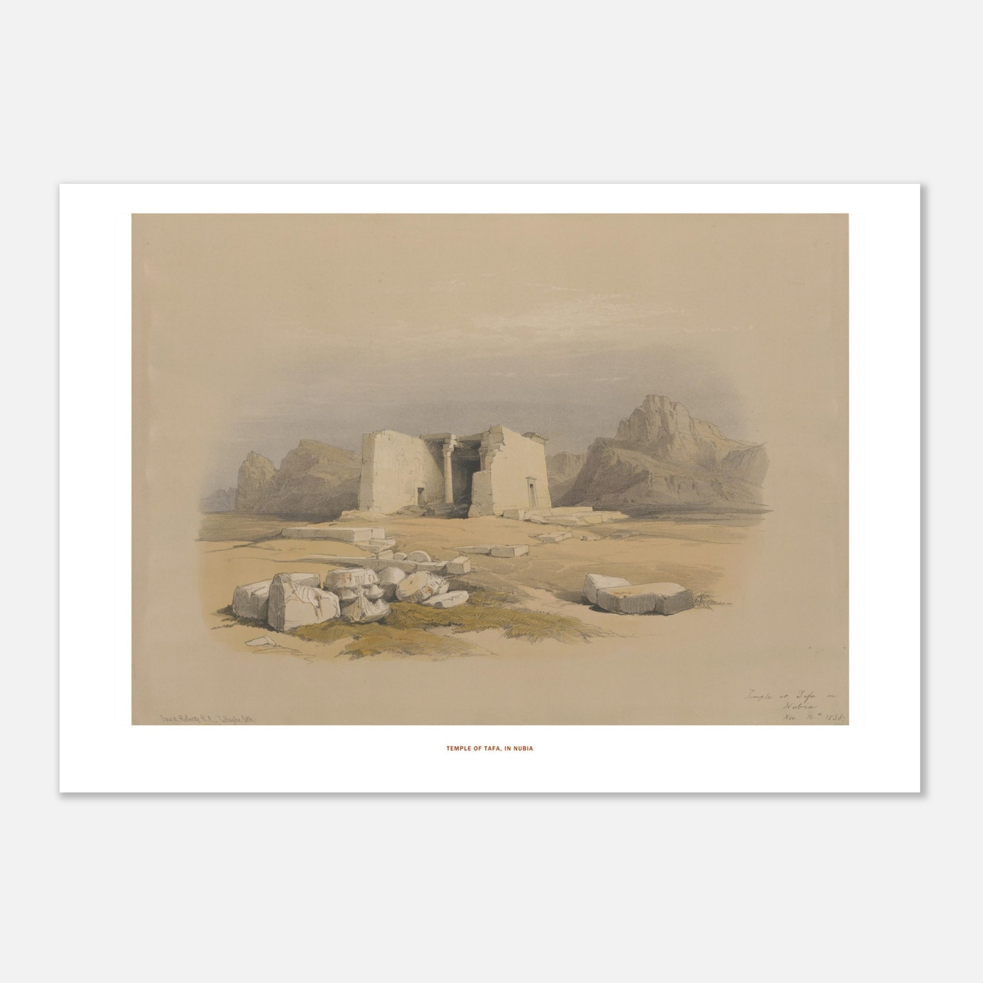 Illustration du Temple de Tafa en Nubie - David Roberts (21x29,7 cm (A4)). Lithographie ancienne du temple de Tafa en Nubie, une structure en pierre avec des colonnes et des décombres autour, dans un paysage désertique.
