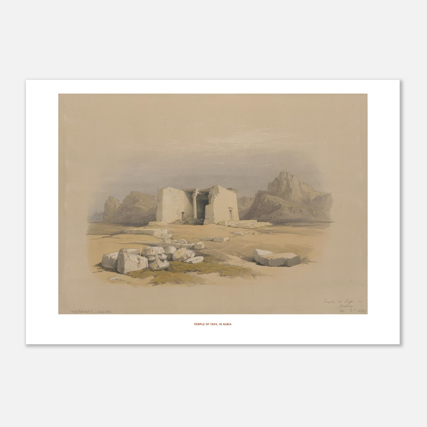 Illustration du Temple de Tafa en Nubie - David Roberts (29,7x42 cm (A3)). Lithographie ancienne du temple de Tafa en Nubie, une structure en pierre avec des colonnes et des décombres autour, dans un paysage désertique.