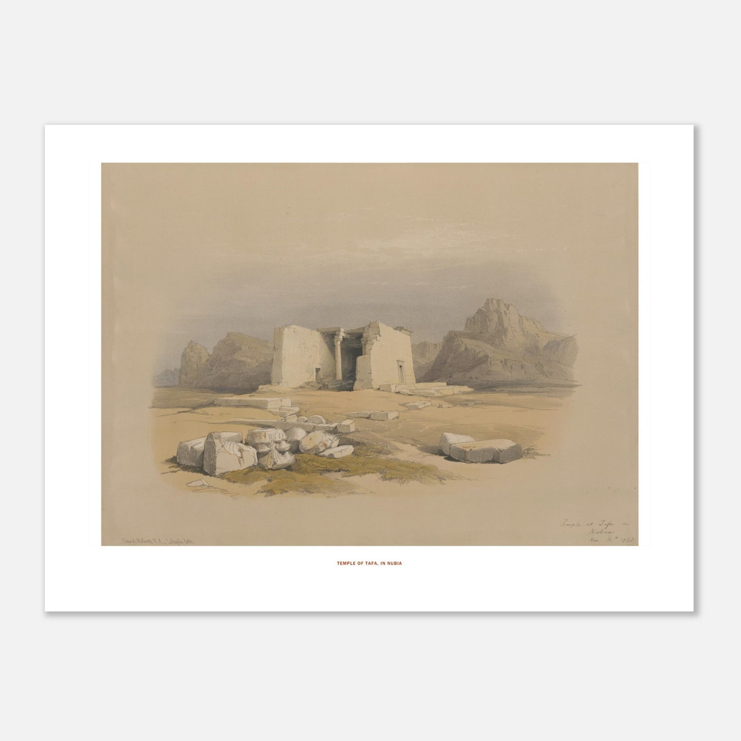 Illustration du Temple de Tafa en Nubie - David Roberts (30x40 cm). Lithographie ancienne du temple de Tafa en Nubie, une structure en pierre avec des colonnes et des décombres autour, dans un paysage désertique.