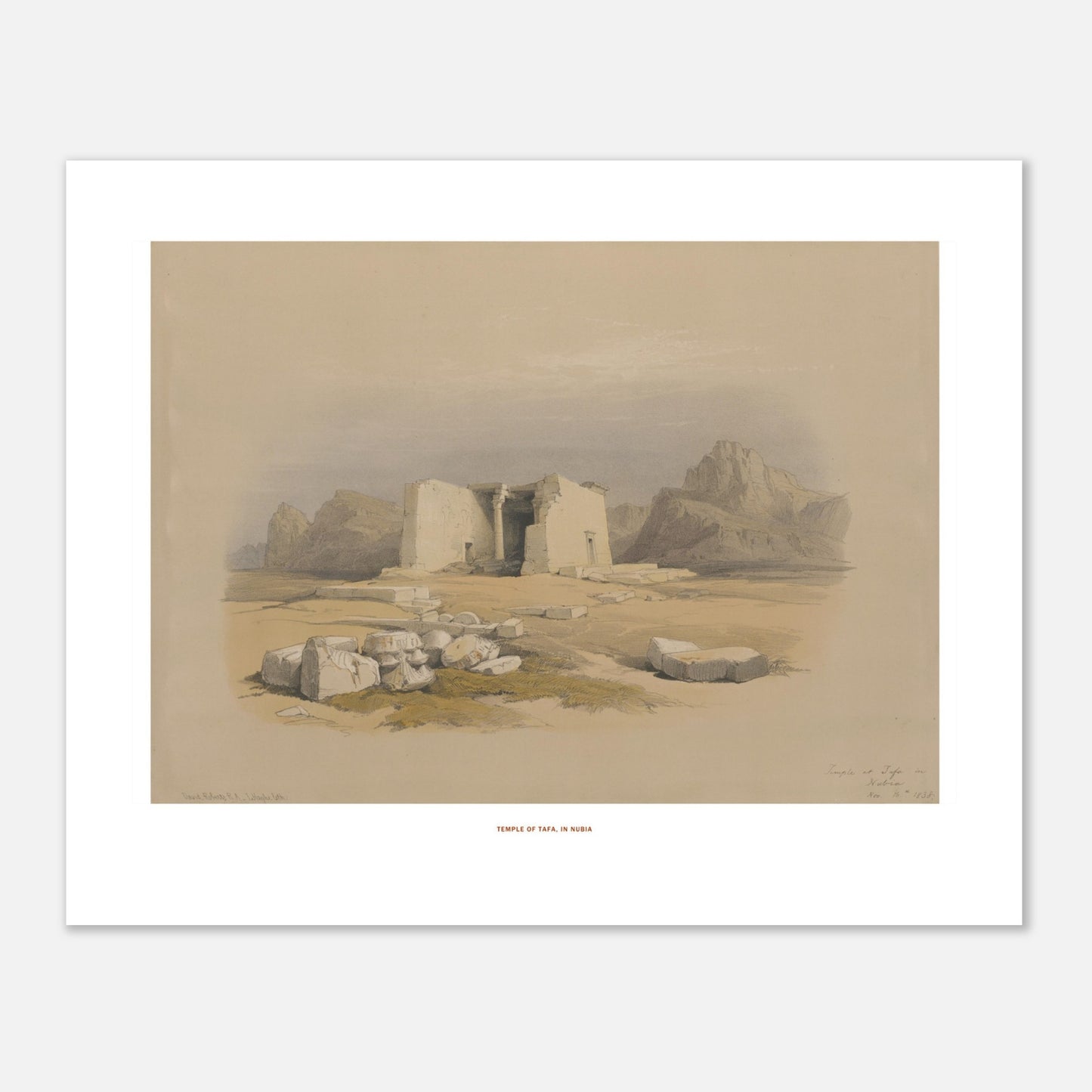 Illustration du Temple de Tafa en Nubie - David Roberts (40x50 cm). Lithographie ancienne du temple de Tafa en Nubie, une structure en pierre avec des colonnes et des décombres autour, dans un paysage désertique.