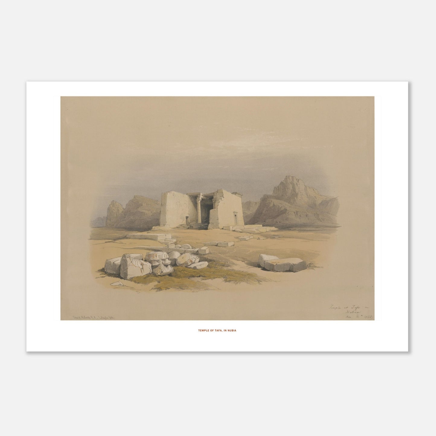 Illustration du Temple de Tafa en Nubie - David Roberts (42x59,4 cm (A2)). Lithographie ancienne du temple de Tafa en Nubie, une structure en pierre avec des colonnes et des décombres autour, dans un paysage désertique.