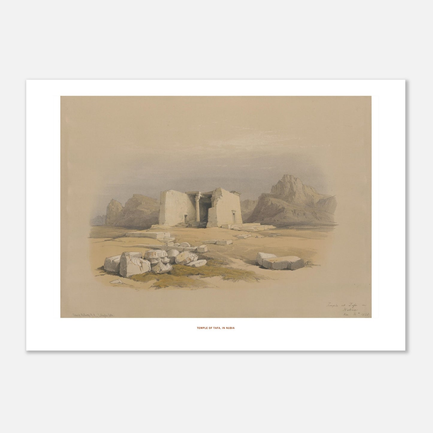 Illustration du Temple de Tafa en Nubie - David Roberts (50x70 cm). Lithographie ancienne du temple de Tafa en Nubie, une structure en pierre avec des colonnes et des décombres autour, dans un paysage désertique.