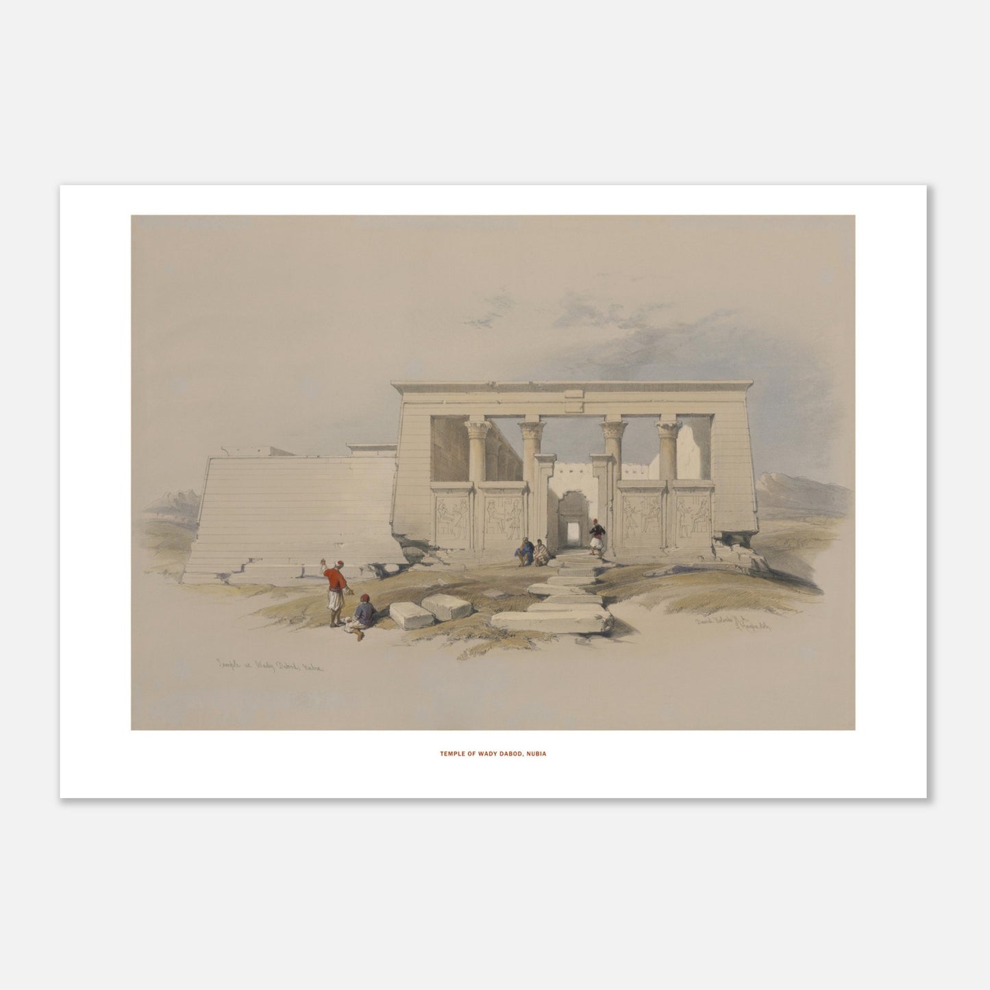 Reproduction de la lithographie du Temple de Wadi Dabod en Nubie - David Roberts (21x29,7 cm (A4)). Lithographie ancienne montrant le temple de Wadi Dabod en Nubie, avec des colonnes, des sculptures et des personnages se tenant devant l'édifice.