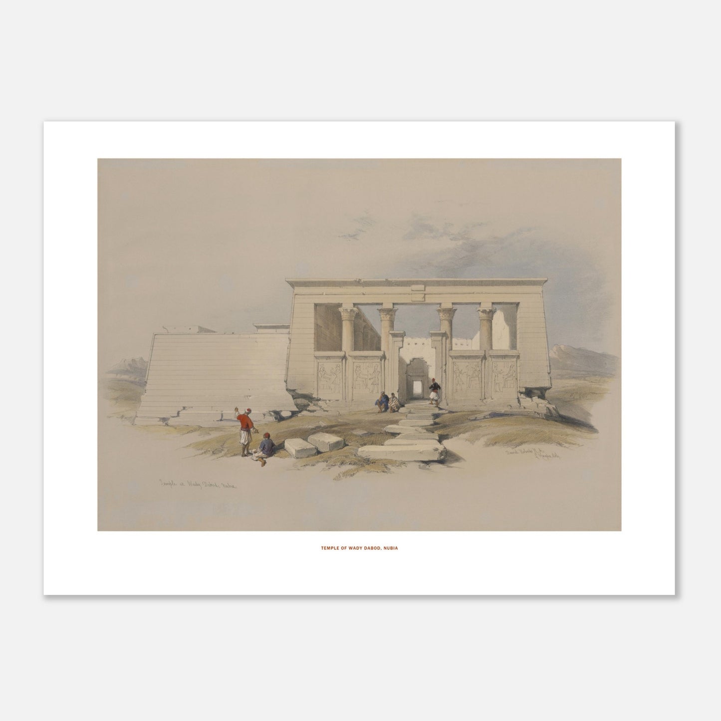Reproduction de la lithographie du Temple de Wadi Dabod en Nubie - David Roberts (30x40 cm). Lithographie ancienne montrant le temple de Wadi Dabod en Nubie, avec des colonnes, des sculptures et des personnages se tenant devant l'édifice.