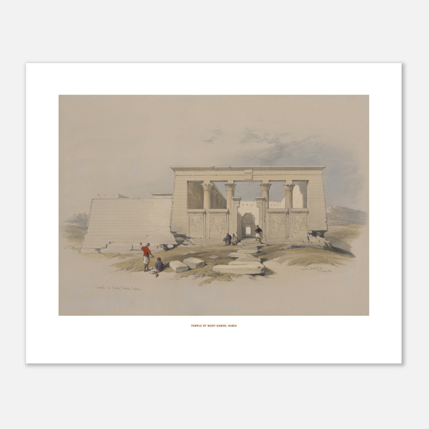 Reproduction de la lithographie du Temple de Wadi Dabod en Nubie - David Roberts (40x50 cm). Lithographie ancienne montrant le temple de Wadi Dabod en Nubie, avec des colonnes, des sculptures et des personnages se tenant devant l'édifice.