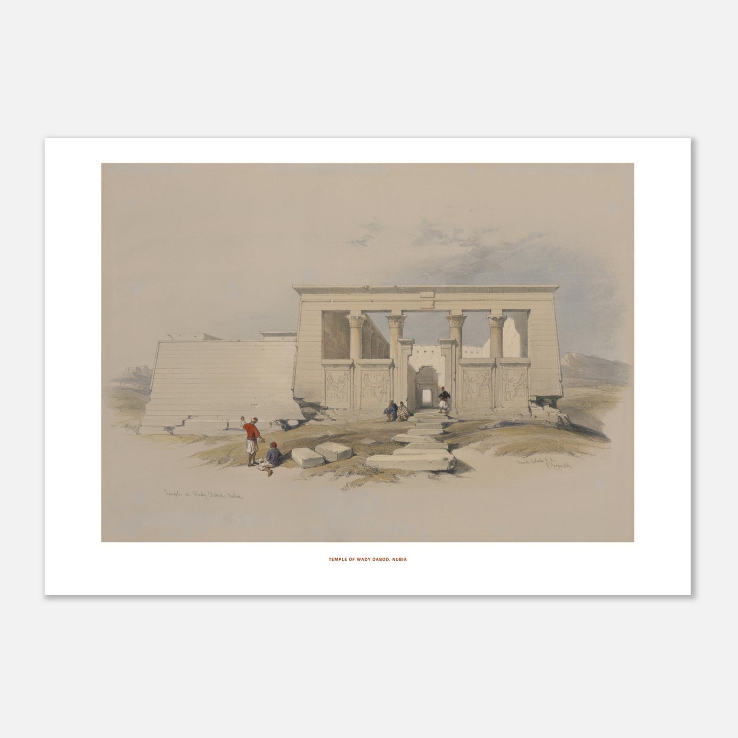 Reproduction de la lithographie du Temple de Wadi Dabod en Nubie - David Roberts (42x59,4 cm (A2)). Lithographie ancienne montrant le temple de Wadi Dabod en Nubie, avec des colonnes, des sculptures et des personnages se tenant devant l'édifice.