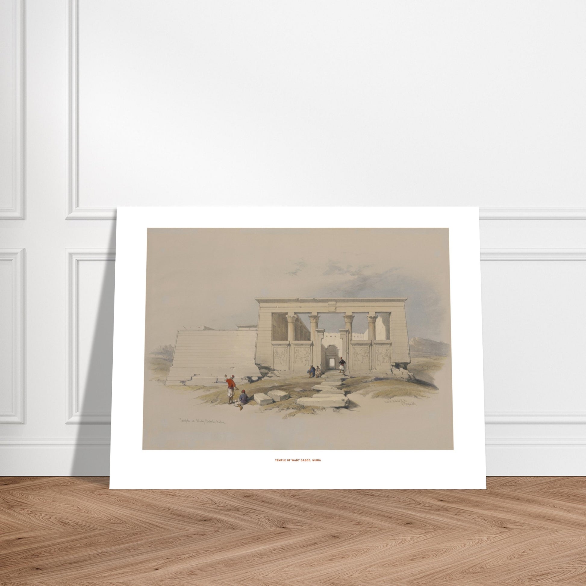 Reproduction de la lithographie du Temple de Wadi Dabod en Nubie - David Roberts. Lithographie ancienne montrant le temple de Wadi Dabod en Nubie, avec des colonnes, des sculptures et des personnages se tenant devant l'édifice. Image d'illustration 7