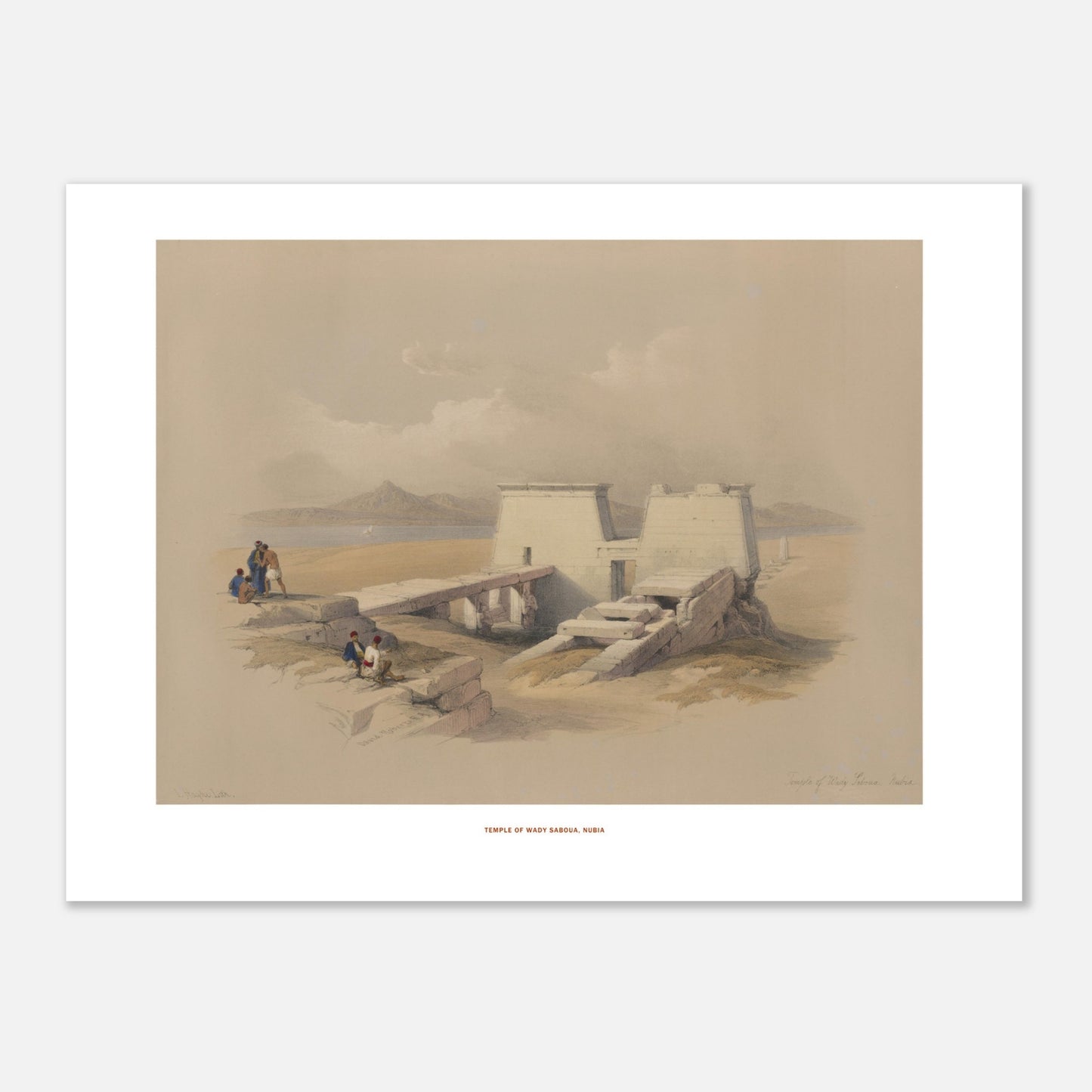 Illustration du temple de Wadi es-Seboua en Nubie - David Roberts. Temple de Wadi Saboua, Nubie, une structure de temple blanche avec des blocs de pierre effondrés, située près d'un plan d'eau et de montagnes au loin. Image d'illustration 0