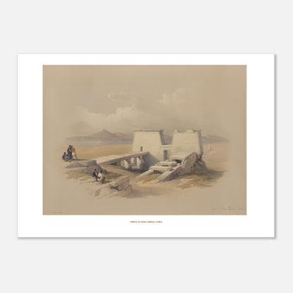Illustration du temple de Wadi es-Seboua en Nubie - David Roberts. Temple de Wadi Saboua, Nubie, une structure de temple blanche avec des blocs de pierre effondrés, située près d'un plan d'eau et de montagnes au loin. Image d'illustration 1