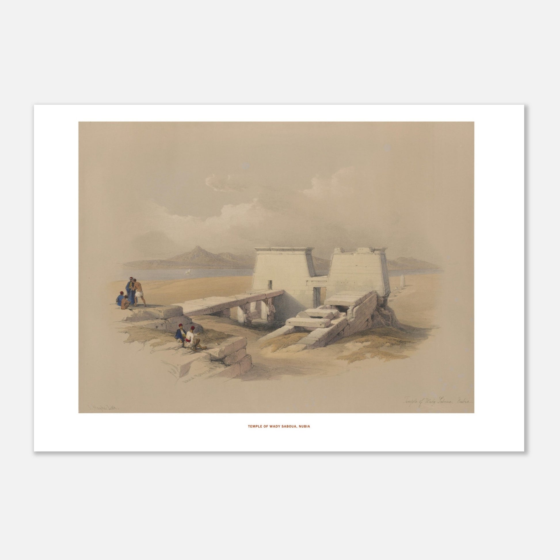 Illustration du temple de Wadi es-Seboua en Nubie - David Roberts. Temple de Wadi Saboua, Nubie, une structure de temple blanche avec des blocs de pierre effondrés, située près d'un plan d'eau et de montagnes au loin. Image d'illustration 2