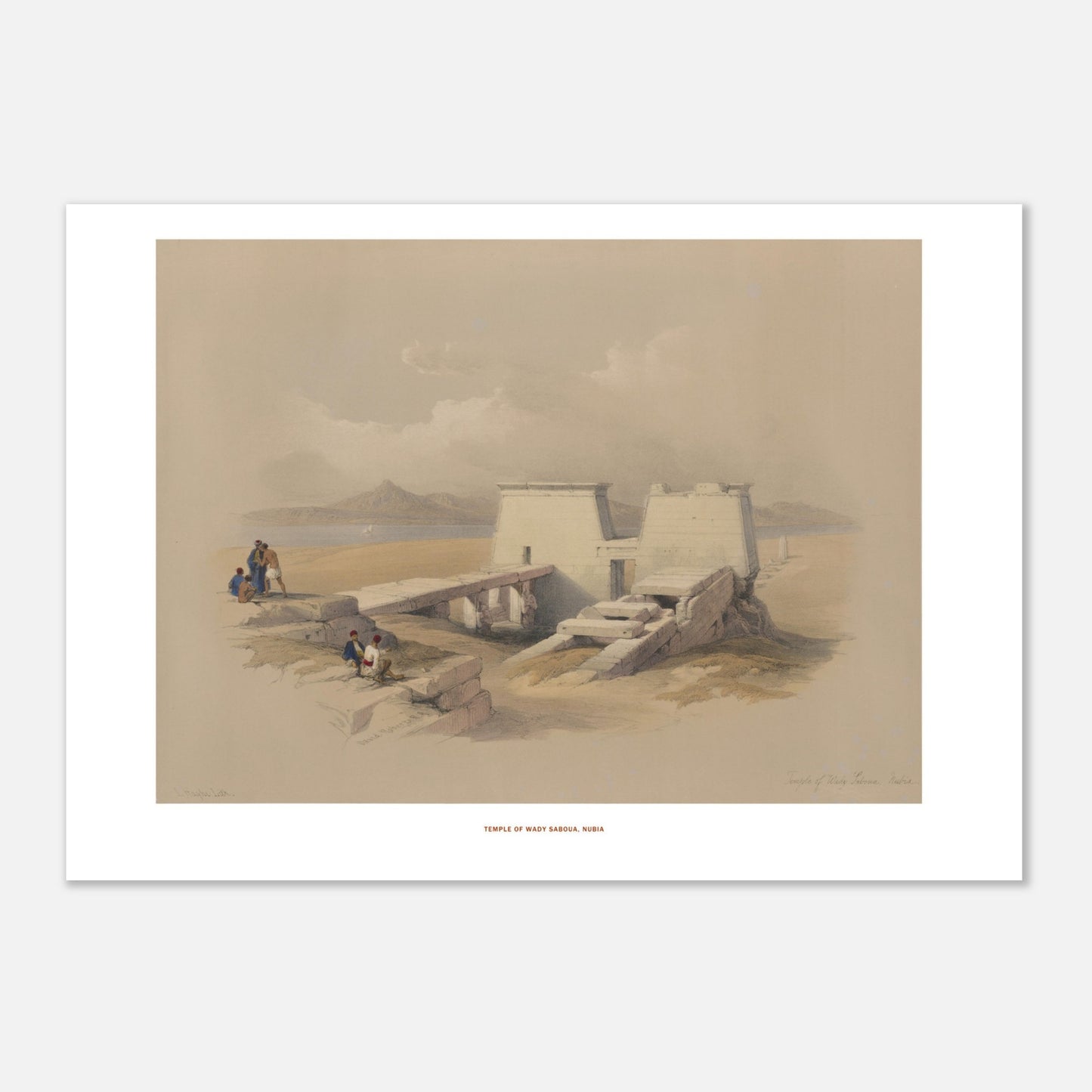 Illustration du temple de Wadi es-Seboua en Nubie - David Roberts. Temple de Wadi Saboua, Nubie, une structure de temple blanche avec des blocs de pierre effondrés, située près d'un plan d'eau et de montagnes au loin. Image d'illustration 5