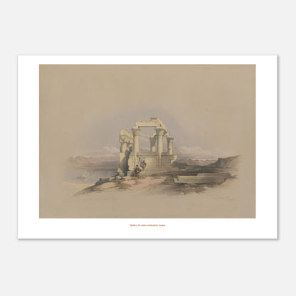 Temple de Wadi Kardassy, Nubie - une touche de mystère et d'histoire pour votre décoration - David Roberts, Egypte et Nubie 1838 (21x29,7 cm (A4)). Lithographie ancienne représentant les ruines d'un temple à colonnes à Wadi Kardassy, Nubie, avec un plan d'eau et des montagnes en arrière-plan.