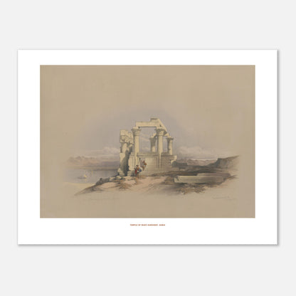 Temple de Wadi Kardassy, Nubie - une touche de mystère et d'histoire pour votre décoration - David Roberts, Egypte et Nubie 1838 (30x40 cm). Lithographie ancienne représentant les ruines d'un temple à colonnes à Wadi Kardassy, Nubie, avec un plan d'eau et des montagnes en arrière-plan.