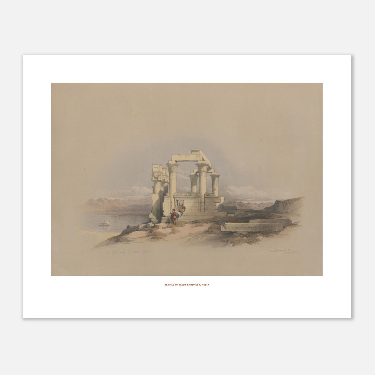 Temple de Wadi Kardassy, Nubie - une touche de mystère et d'histoire pour votre décoration - David Roberts, Egypte et Nubie 1838 (40x50 cm). Lithographie ancienne représentant les ruines d'un temple à colonnes à Wadi Kardassy, Nubie, avec un plan d'eau et des montagnes en arrière-plan.