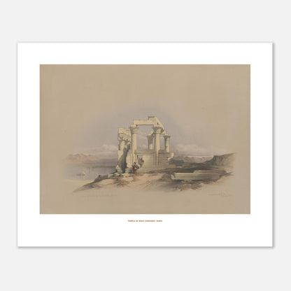 Temple de Wadi Kardassy, Nubie - une touche de mystère et d'histoire pour votre décoration - David Roberts, Egypte et Nubie 1838 (40x50 cm). Lithographie ancienne représentant les ruines d'un temple à colonnes à Wadi Kardassy, Nubie, avec un plan d'eau et des montagnes en arrière-plan.
