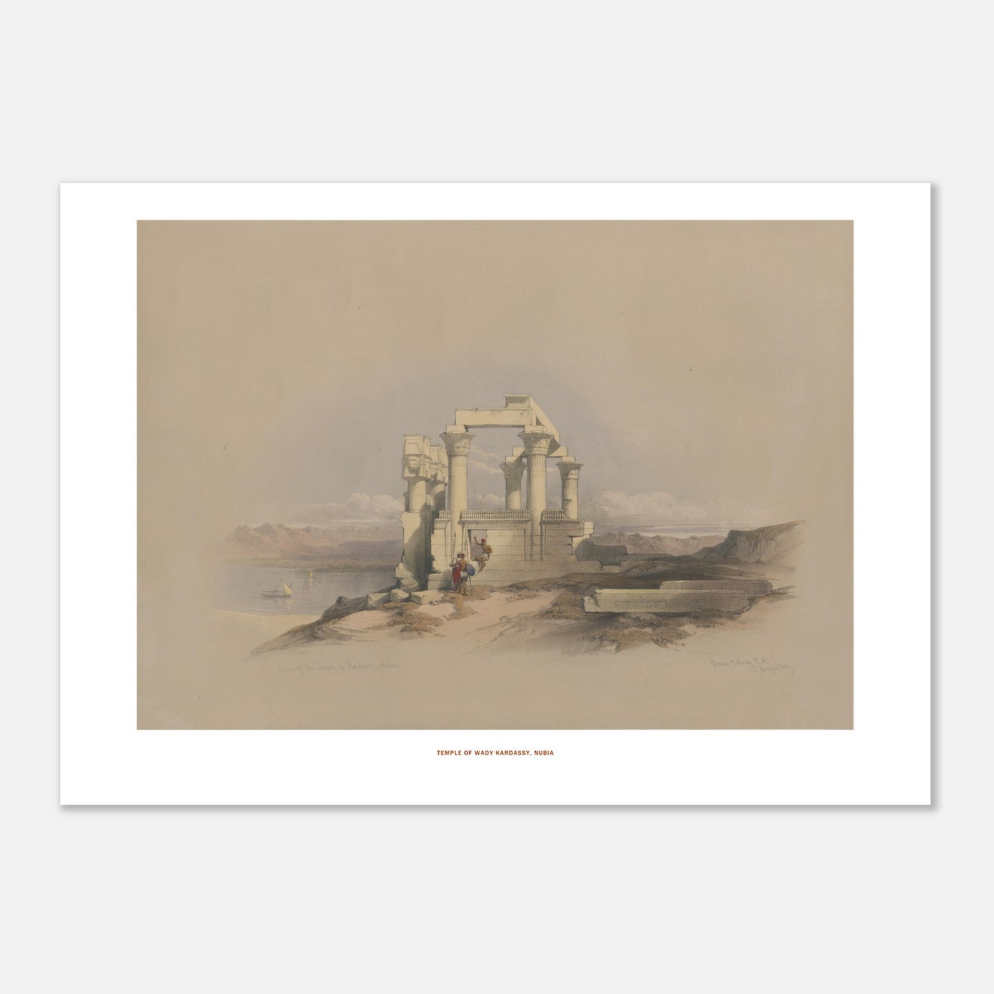 Temple de Wadi Kardassy, Nubie - une touche de mystère et d'histoire pour votre décoration - David Roberts, Egypte et Nubie 1838 (50x70 cm). Lithographie ancienne représentant les ruines d'un temple à colonnes à Wadi Kardassy, Nubie, avec un plan d'eau et des montagnes en arrière-plan.