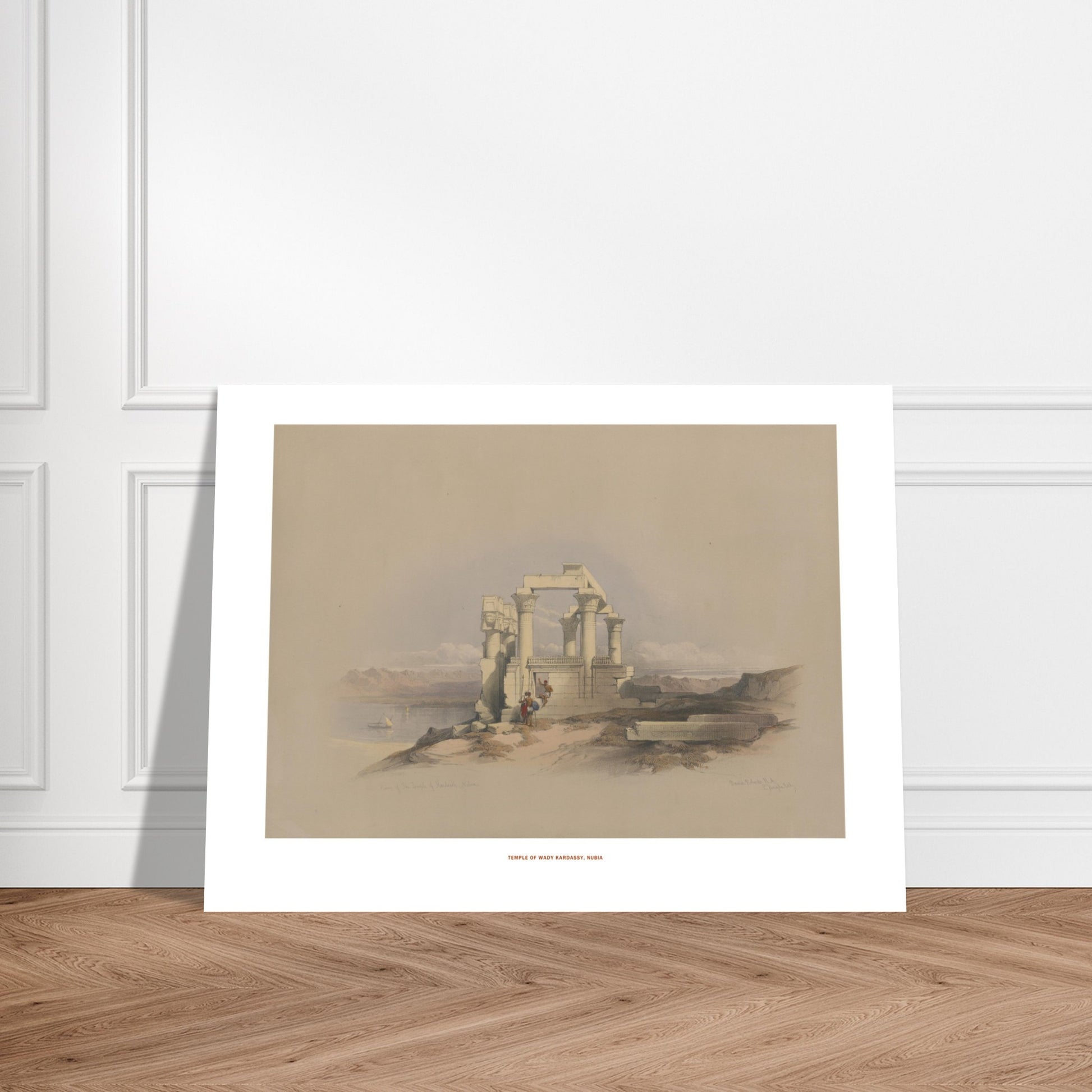 Temple de Wadi Kardassy, Nubie - une touche de mystère et d'histoire pour votre décoration - David Roberts, Egypte et Nubie 1838. Lithographie ancienne représentant les ruines d'un temple à colonnes à Wadi Kardassy, Nubie, avec un plan d'eau et des montagnes en arrière-plan. Image d'illustration 7