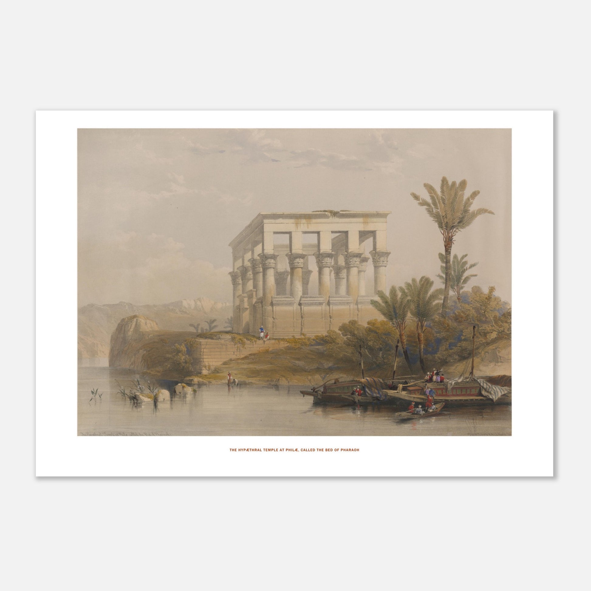 Gravure ancienne : Le temple hypaethre à Philæ - David Roberts (21x29,7 cm (A4)). Lithographie ancienne du temple hypaethre à Philæ, vu sur une île avec des palmiers et des bateaux sur le Nil.