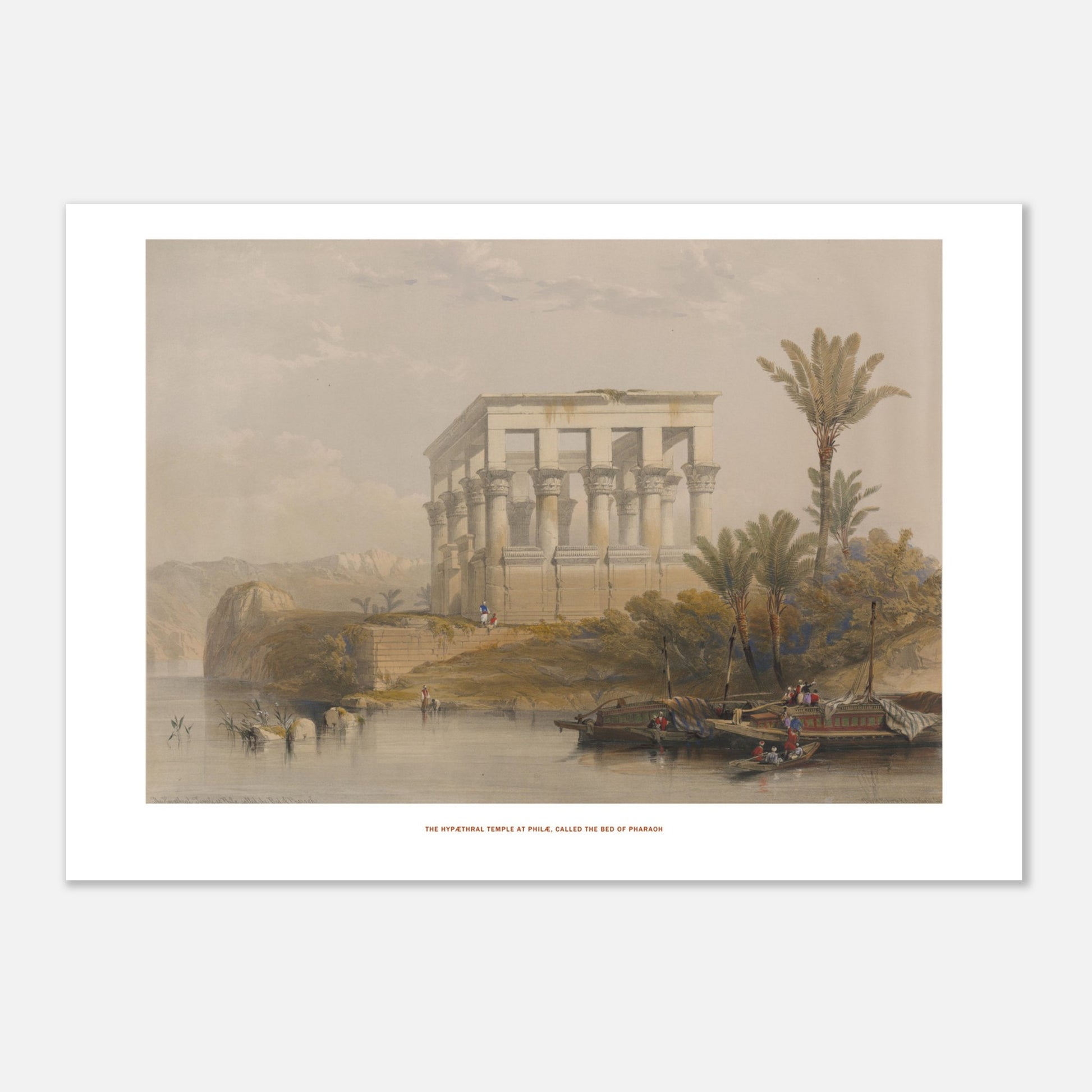 Gravure ancienne : Le temple hypaethre à Philæ - David Roberts (29,7x42 cm (A3)). Lithographie ancienne du temple hypaethre à Philæ, vu sur une île avec des palmiers et des bateaux sur le Nil.