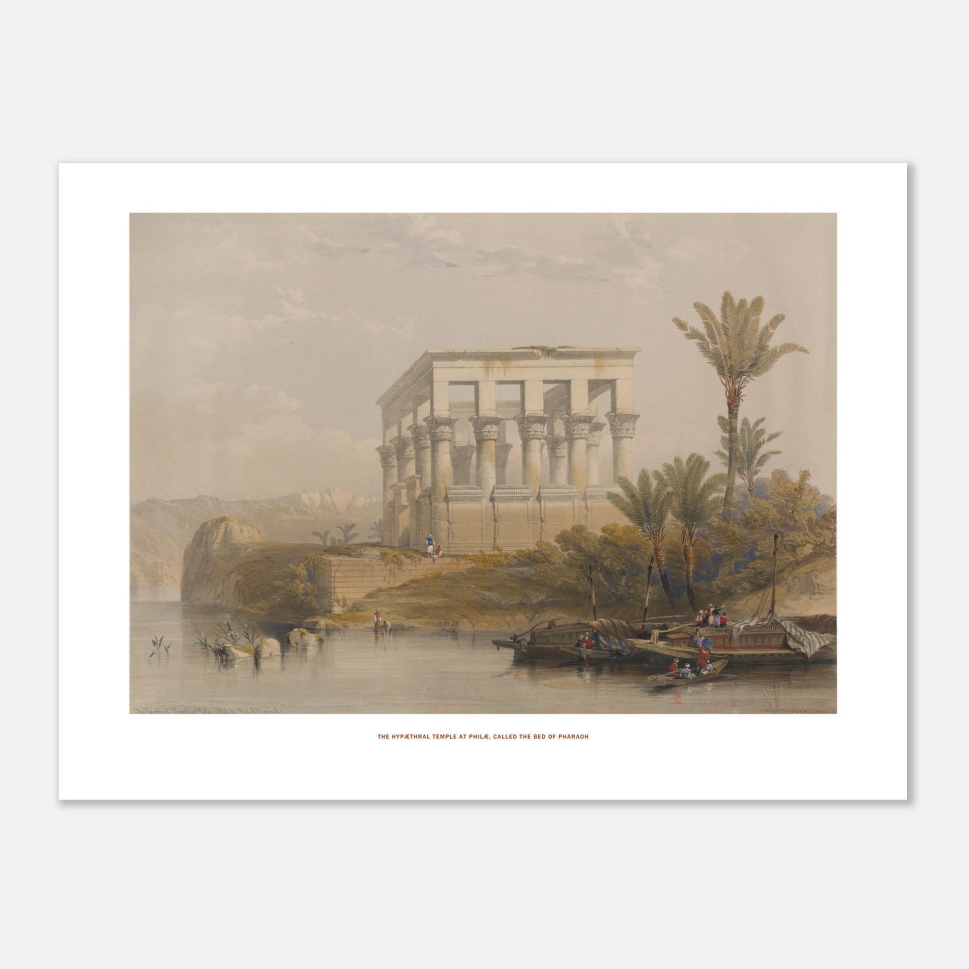Gravure ancienne : Le temple hypaethre à Philæ - David Roberts (30x40 cm). Lithographie ancienne du temple hypaethre à Philæ, vu sur une île avec des palmiers et des bateaux sur le Nil.