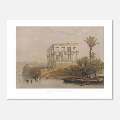 Gravure ancienne : Le temple hypaethre à Philæ - David Roberts (30x40 cm). Lithographie ancienne du temple hypaethre à Philæ, vu sur une île avec des palmiers et des bateaux sur le Nil.