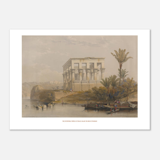 Gravure ancienne : Le temple hypaethre à Philæ - David Roberts (50x70 cm). Lithographie ancienne du temple hypaethre à Philæ, vu sur une île avec des palmiers et des bateaux sur le Nil.