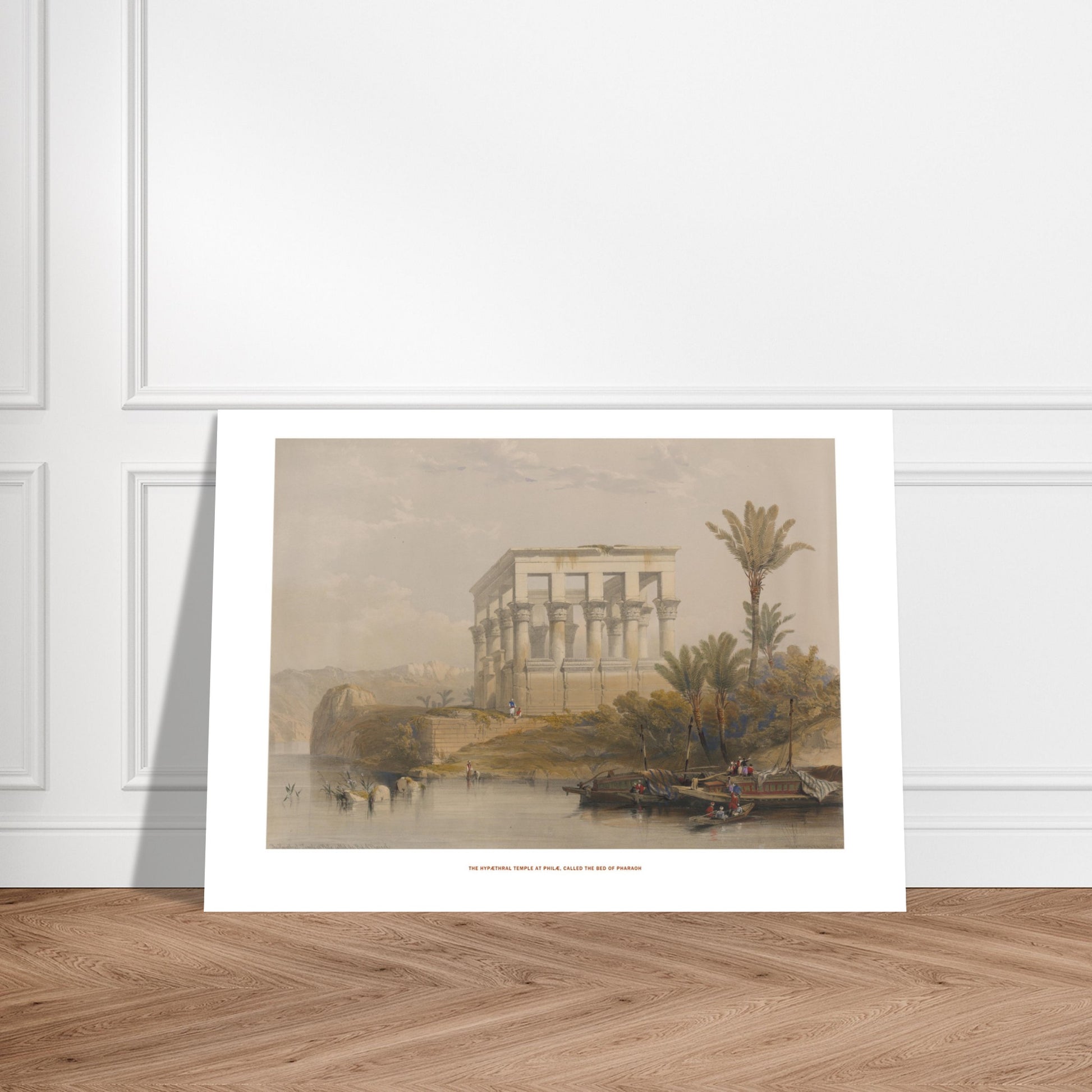 Gravure ancienne : Le temple hypaethre à Philæ - David Roberts. Lithographie ancienne du temple hypaethre à Philæ, vu sur une île avec des palmiers et des bateaux sur le Nil. Image d'illustration 6