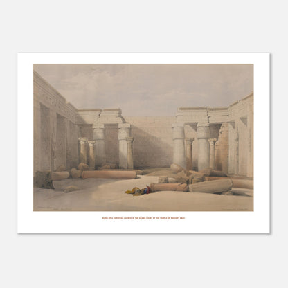 Temple de Médinet Habou, lithographie ancienne de David Roberts (50x70 cm). Lithographie ancienne montrant le temple de Médinet Abou dans la cour d'une église, avec des colonnes et des ruines.