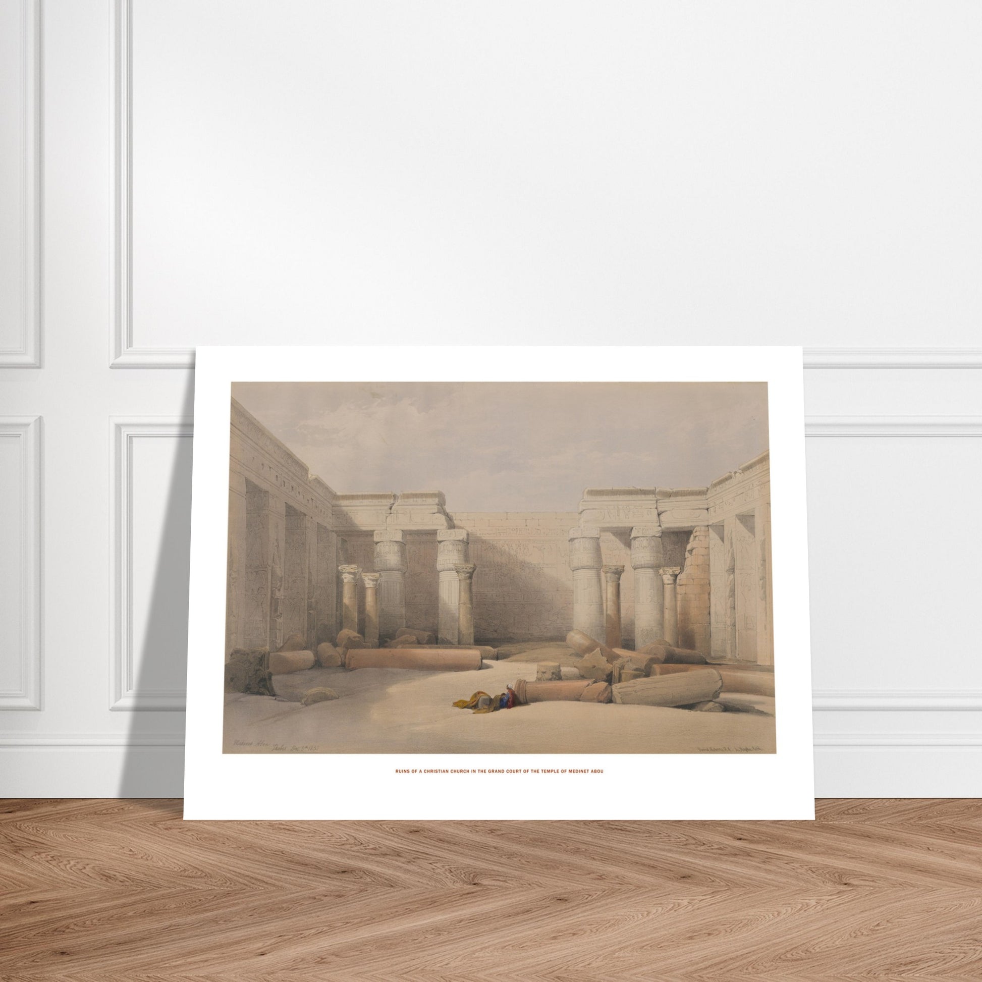 Temple de Médinet Habou, lithographie ancienne de David Roberts. Lithographie ancienne montrant le temple de Médinet Abou dans la cour d'une église, avec des colonnes et des ruines. Image d'illustration 7