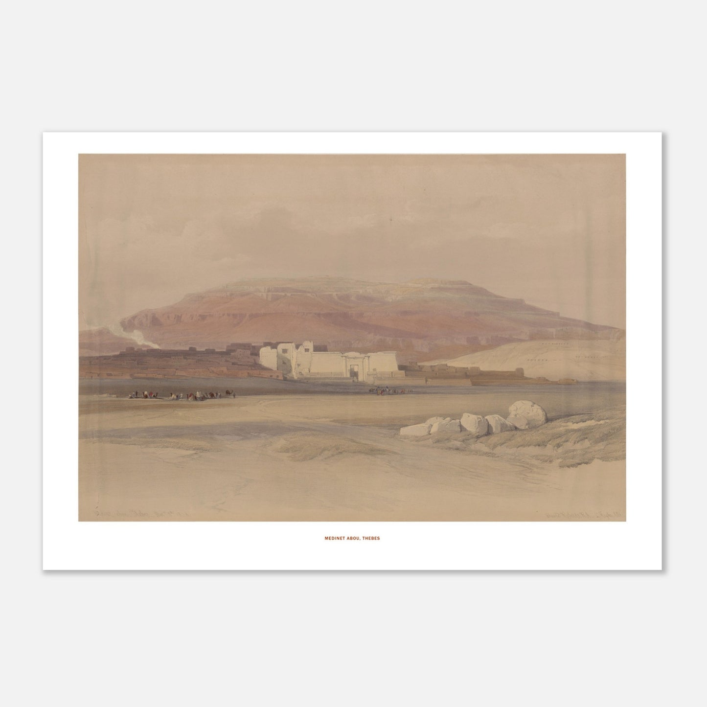 Vue du temple de Médinet Habou à Thèbes - David Roberts (21x29,7 cm (A4)). Lithographie ancienne montrant une vue d'ensemble du temple de Médinet Habou à Thèbes, avec des figures humaines et des animaux dans le paysage désertique.