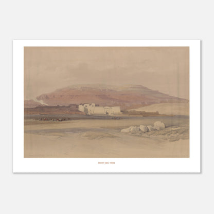 Vue du temple de Médinet Habou à Thèbes - David Roberts (21x29,7 cm (A4)). Lithographie ancienne montrant une vue d'ensemble du temple de Médinet Habou à Thèbes, avec des figures humaines et des animaux dans le paysage désertique.