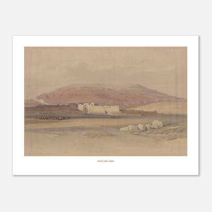 Vue du temple de Médinet Habou à Thèbes - David Roberts (30x40 cm). Lithographie ancienne montrant une vue d'ensemble du temple de Médinet Habou à Thèbes, avec des figures humaines et des animaux dans le paysage désertique.
