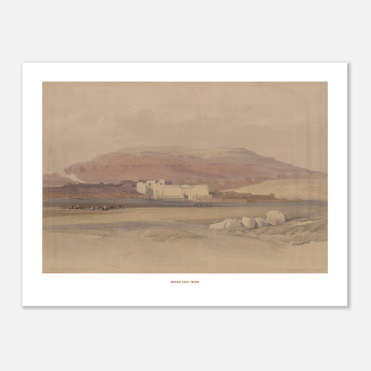 Vue du temple de Médinet Habou à Thèbes - David Roberts (30x40 cm). Lithographie ancienne montrant une vue d'ensemble du temple de Médinet Habou à Thèbes, avec des figures humaines et des animaux dans le paysage désertique.