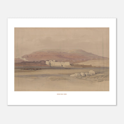 Vue du temple de Médinet Habou à Thèbes - David Roberts (40x50 cm). Lithographie ancienne montrant une vue d'ensemble du temple de Médinet Habou à Thèbes, avec des figures humaines et des animaux dans le paysage désertique.